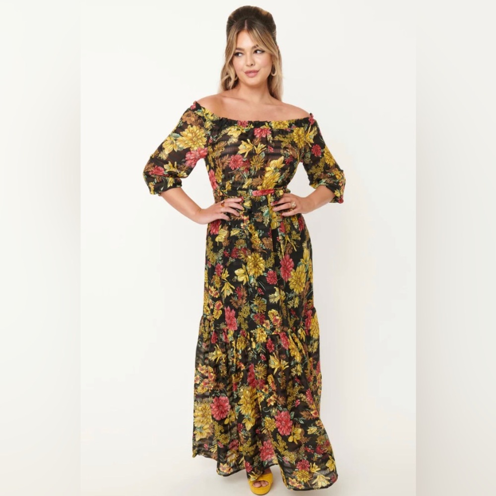 Unique Vintage‎ NWT Black & Yellow Floral Print Sweet Escape Maxi Dress